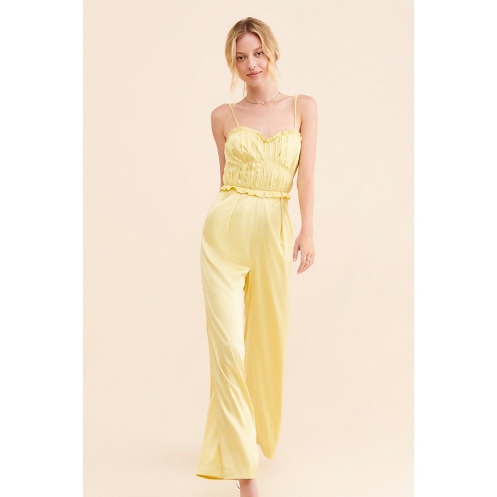 Saint Armont‎ Lime Green Satin Pleated Wide Leg Jumpsuit Size 14 Chartreuse
